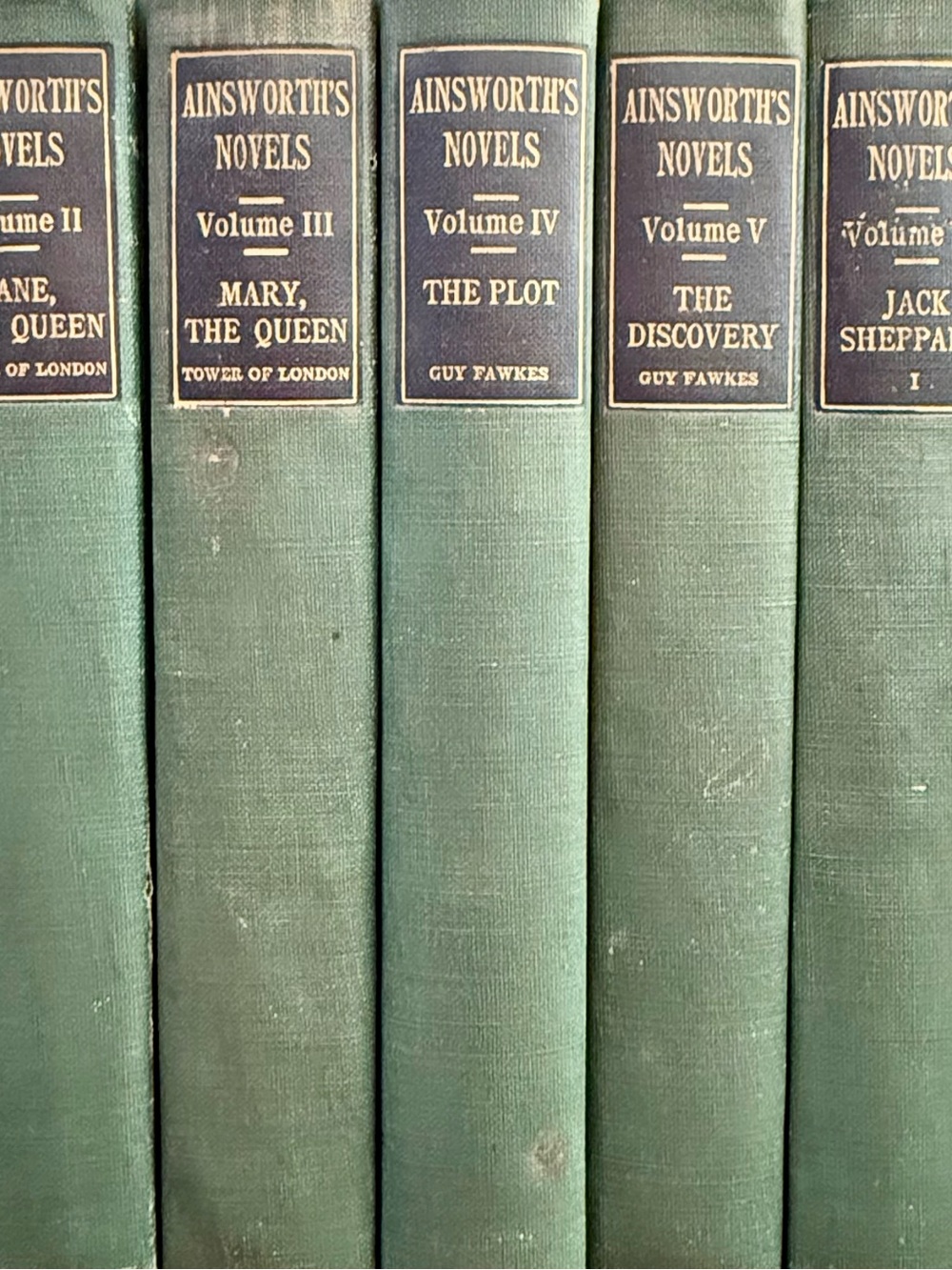 7 Ainsworth's Novels Green Cloth Bound Book Set (spine view)